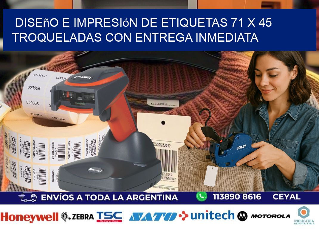 Diseño e impresión de etiquetas 71 x 45 troqueladas con entrega inmediata