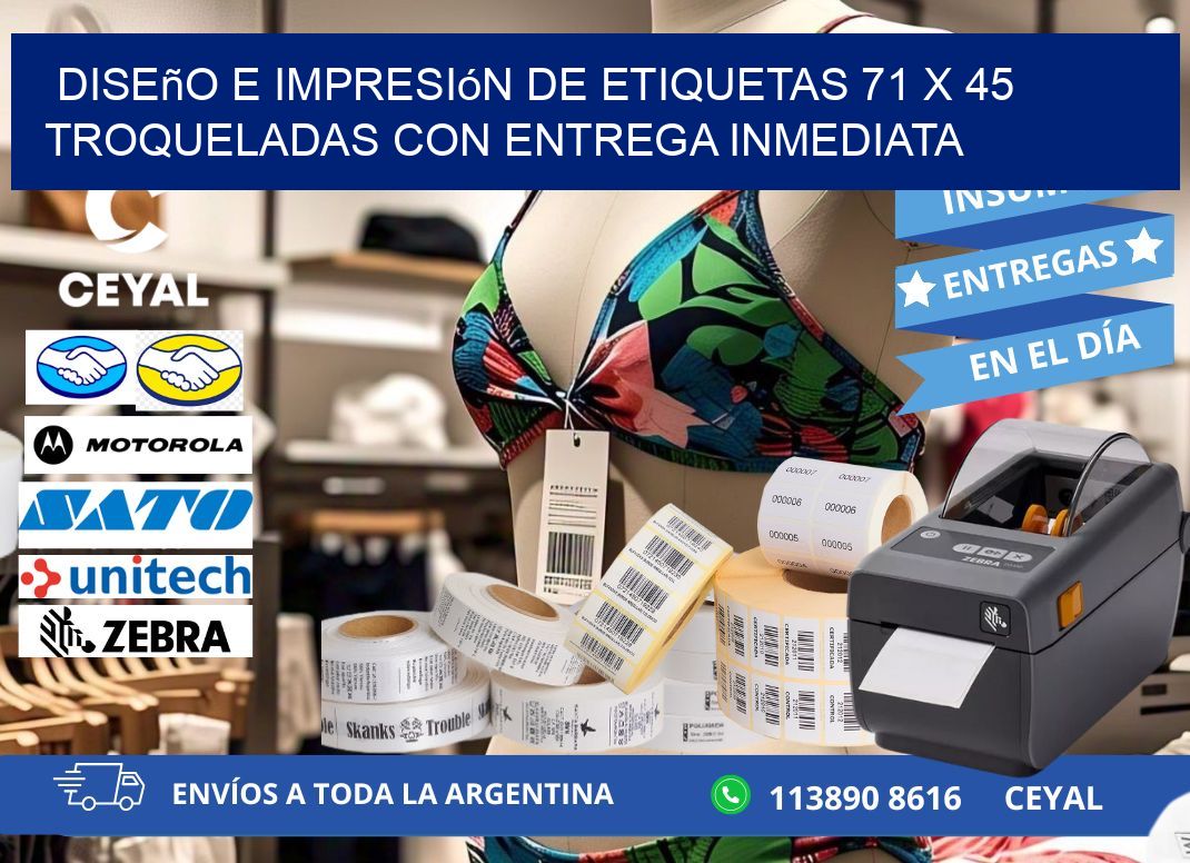 Diseño e impresión de etiquetas 71 x 45 troqueladas con entrega inmediata