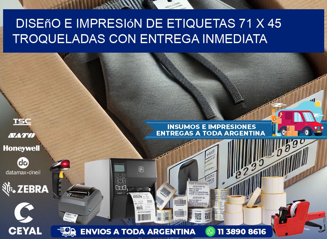 Diseño e impresión de etiquetas 71 x 45 troqueladas con entrega inmediata