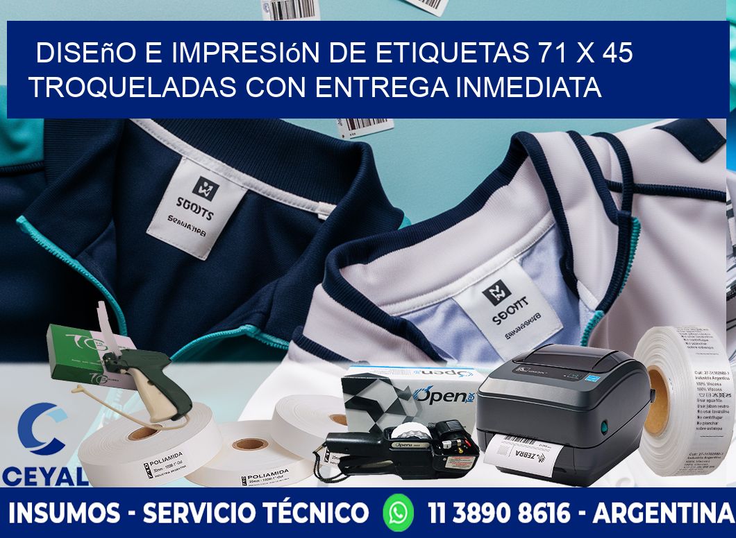Diseño e impresión de etiquetas 71 x 45 troqueladas con entrega inmediata