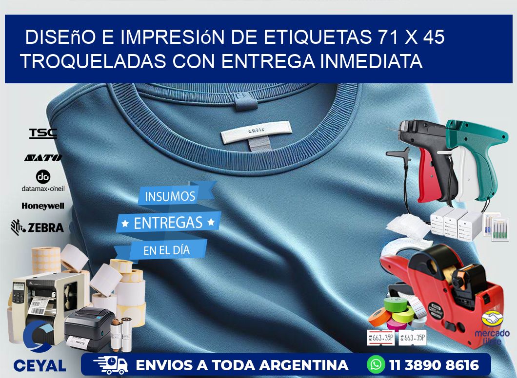 Diseño e impresión de etiquetas 71 x 45 troqueladas con entrega inmediata