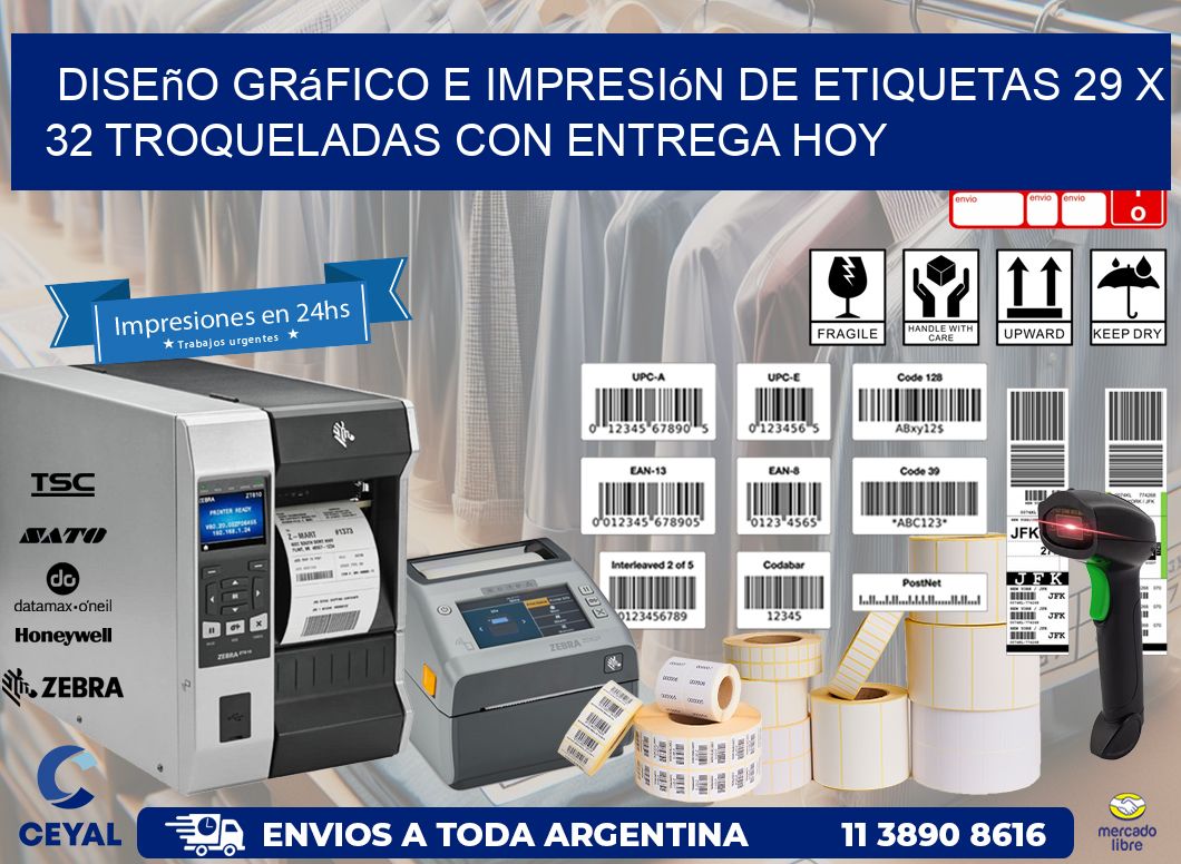 Diseño gráfico e impresión de etiquetas 29 x 32 troqueladas con entrega hoy
