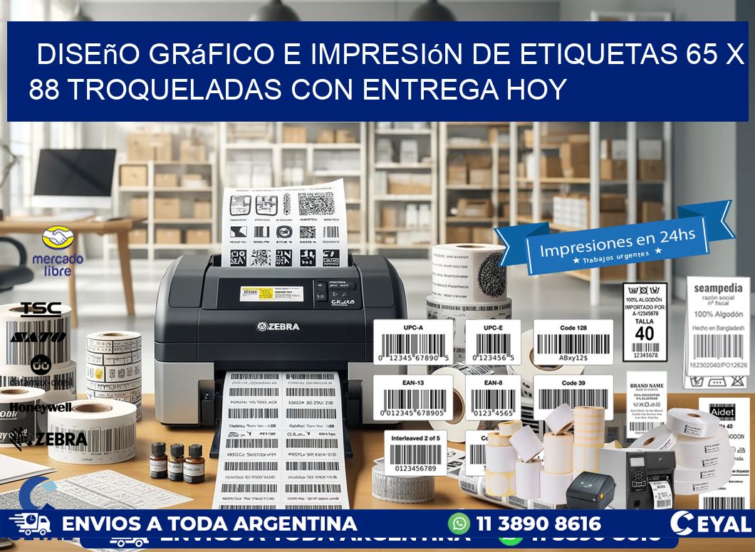 Diseño gráfico e impresión de etiquetas 65 x 88 troqueladas con entrega hoy
