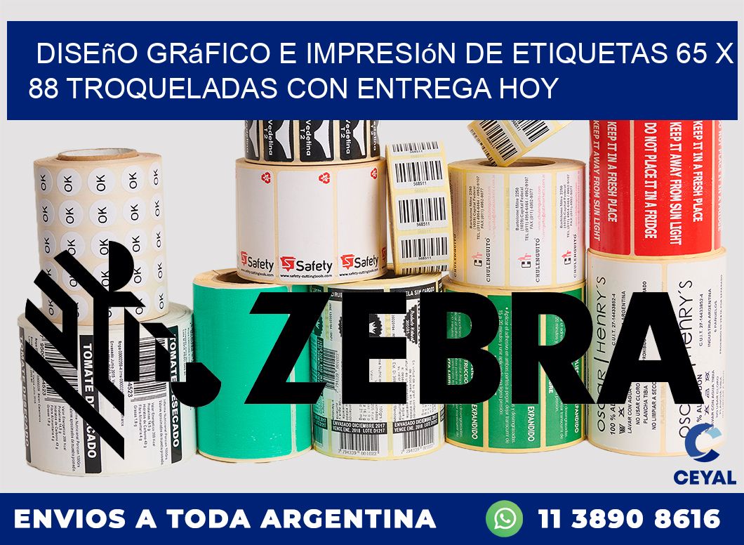 Diseño gráfico e impresión de etiquetas 65 x 88 troqueladas con entrega hoy