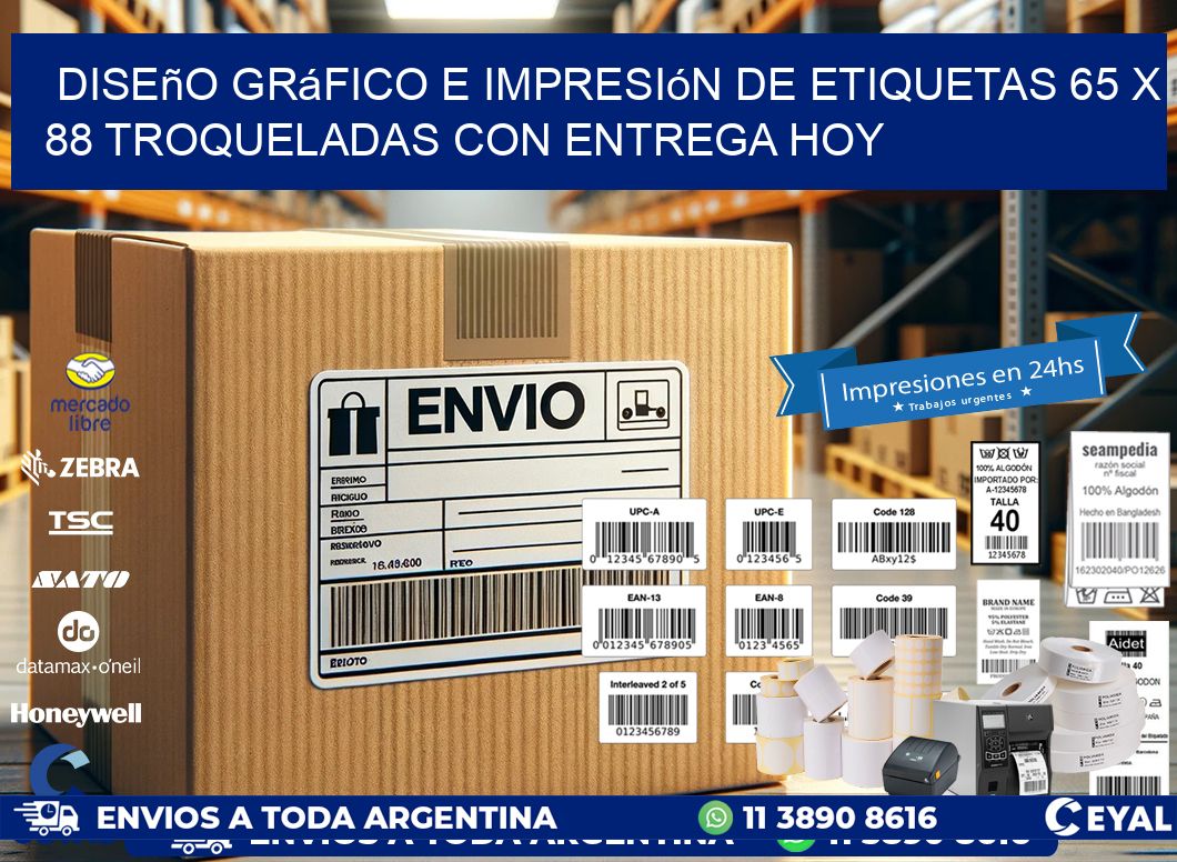Diseño gráfico e impresión de etiquetas 65 x 88 troqueladas con entrega hoy