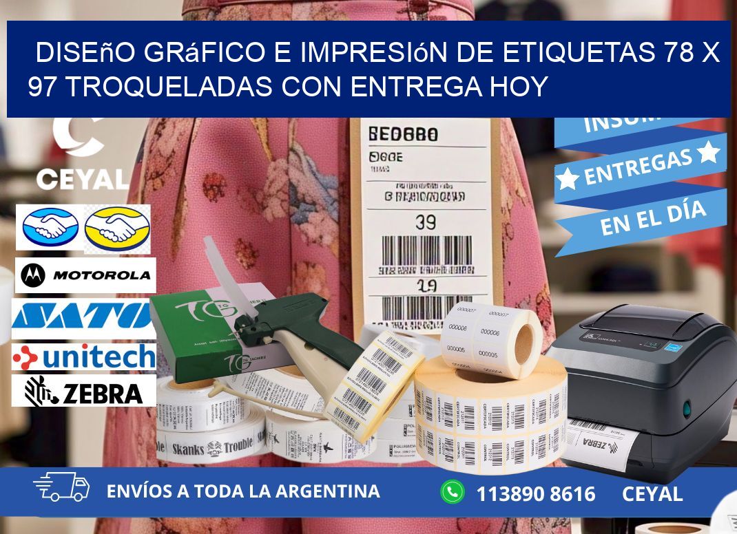 Diseño gráfico e impresión de etiquetas 78 x 97 troqueladas con entrega hoy