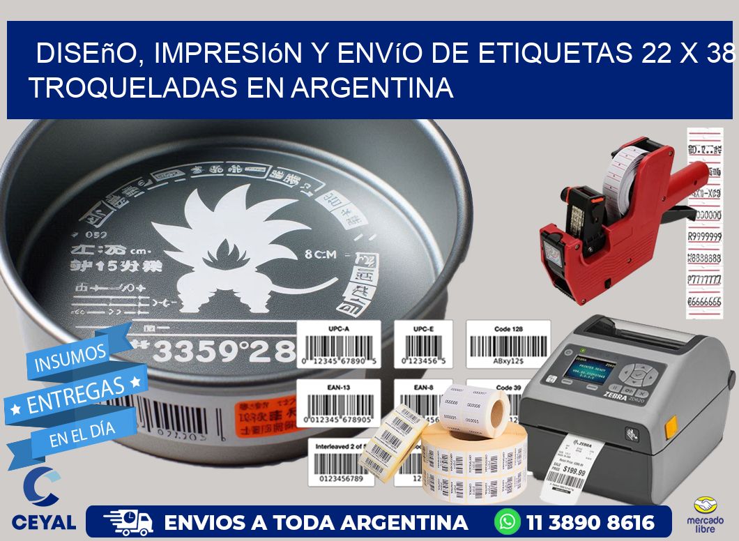 Diseño, impresión y envío de etiquetas 22 x 38 troqueladas en Argentina