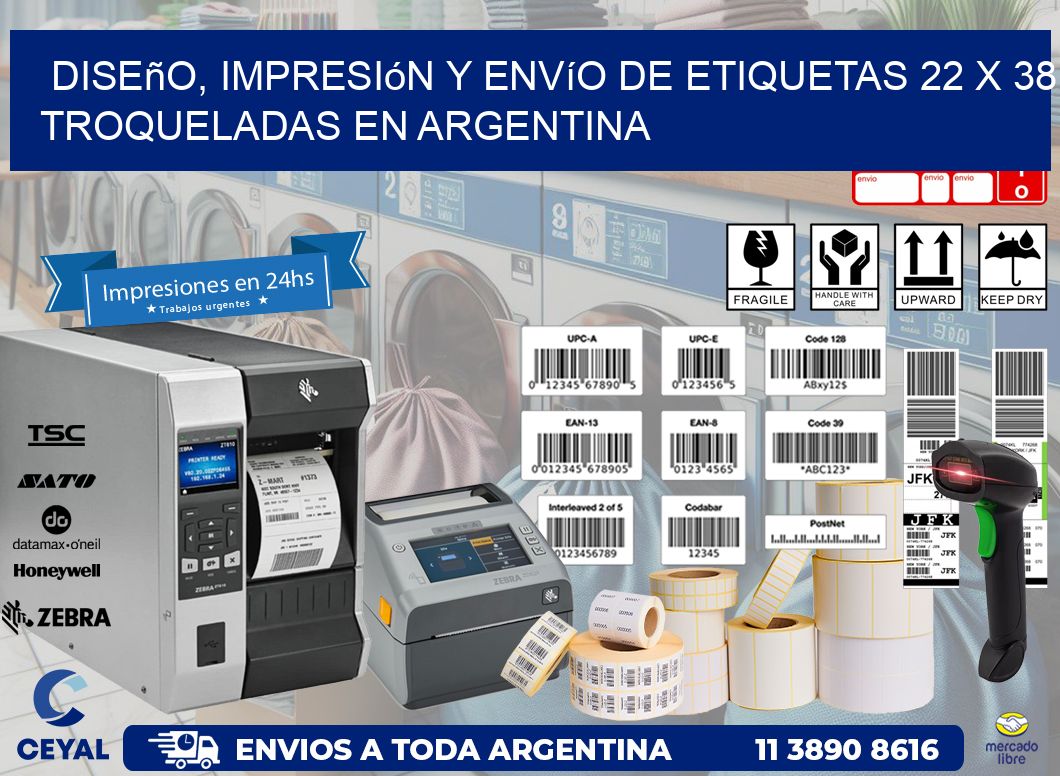 Diseño, impresión y envío de etiquetas 22 x 38 troqueladas en Argentina