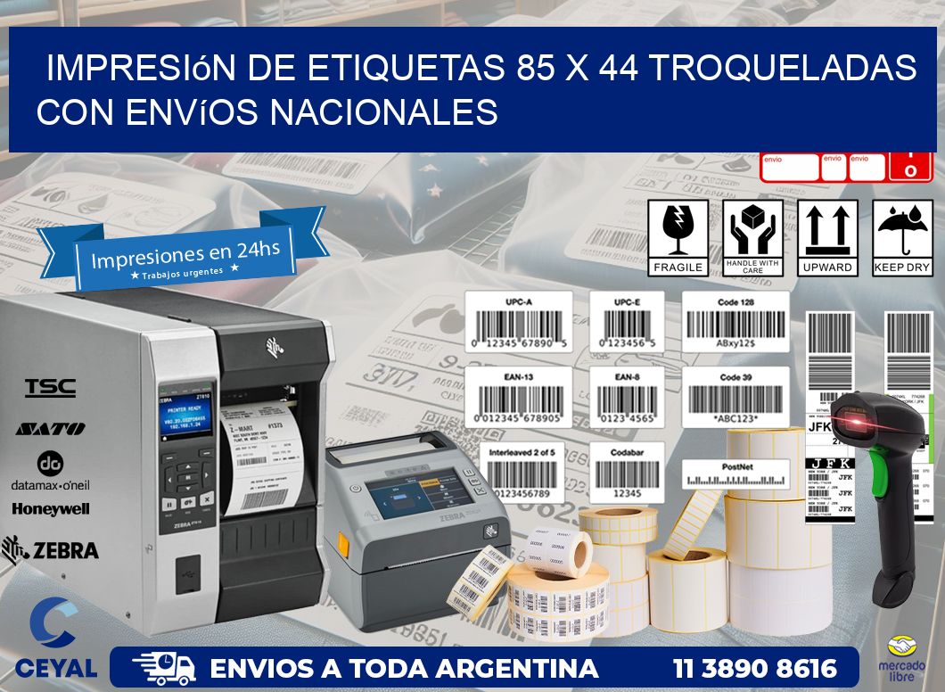 Impresión de etiquetas 85 x 44 troqueladas con envíos nacionales