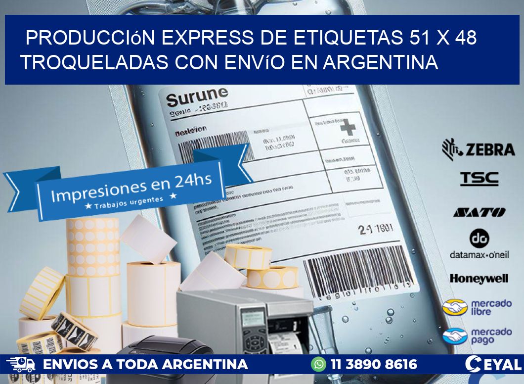 Producción express de etiquetas 51 x 48 troqueladas con envío en Argentina