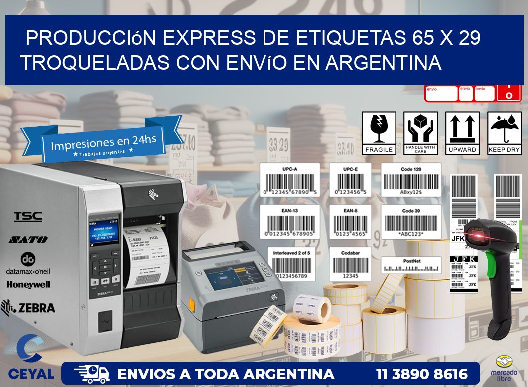 Producción express de etiquetas 65 x 29 troqueladas con envío en Argentina
