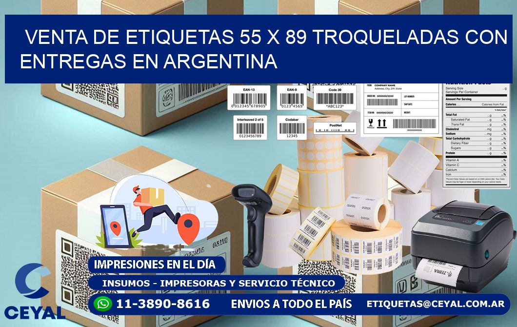 Venta de etiquetas 55 x 89 troqueladas con entregas en Argentina