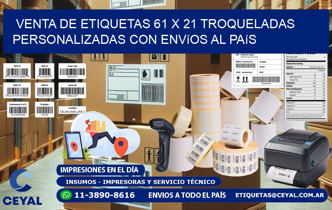 Venta de etiquetas 61 x 21 troqueladas personalizadas con envíos al país
