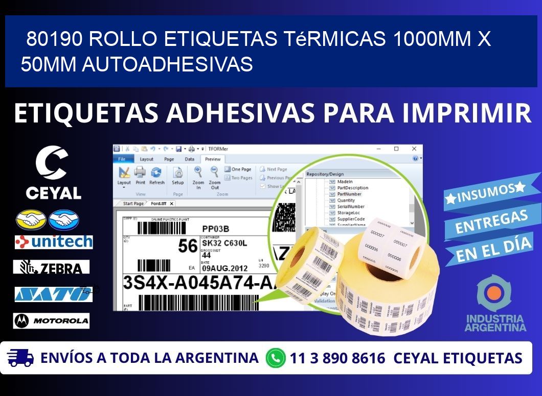 80190 Rollo Etiquetas Térmicas 1000mm X 50mm Autoadhesivas