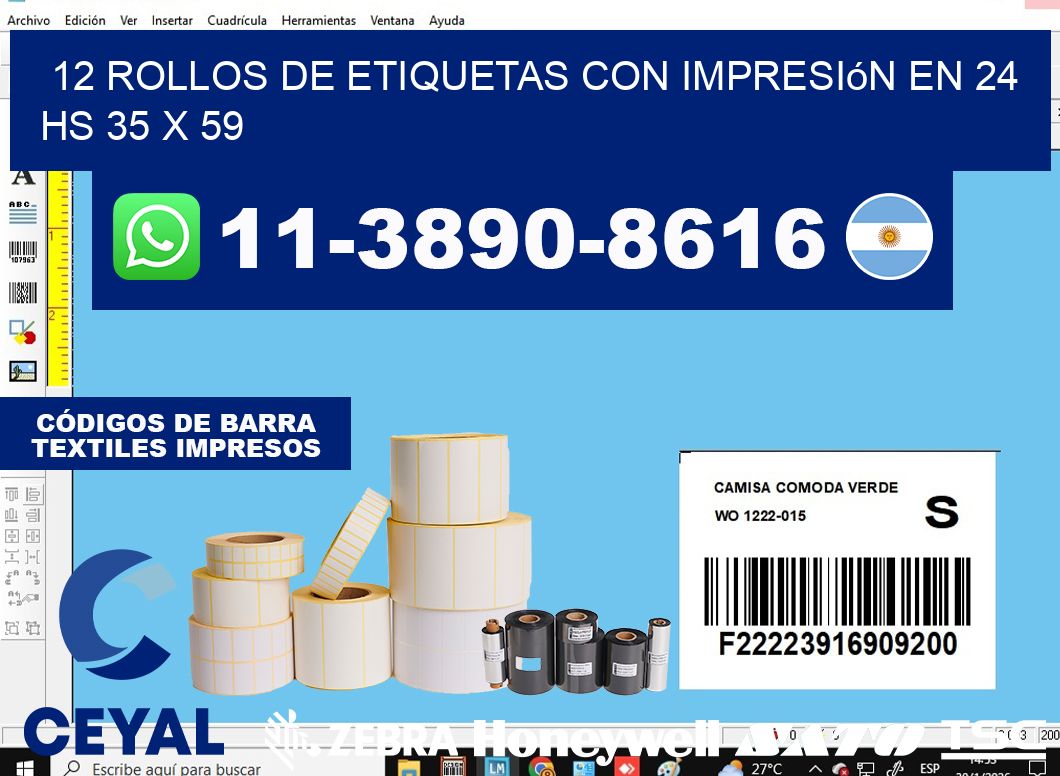 12 rollos de etiquetas con impresión en 24 hs 35 x 59