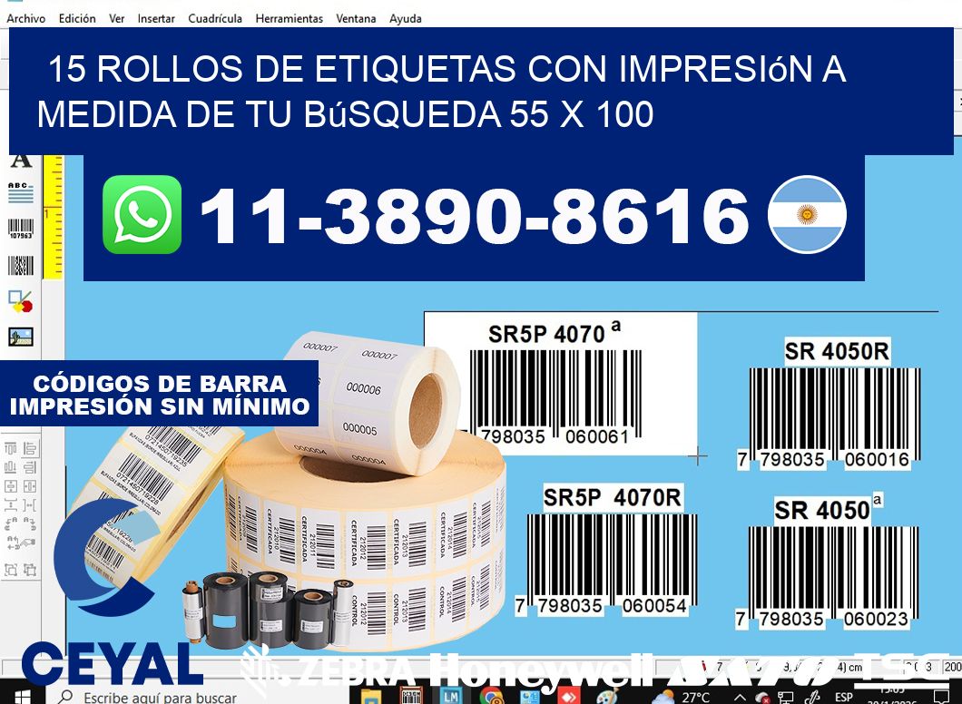 15 rollos de etiquetas con impresión a medida de tu búsqueda 55 x 100