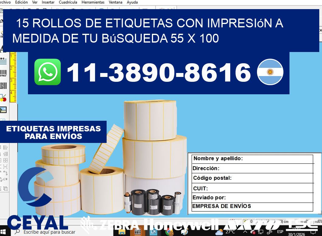 15 rollos de etiquetas con impresión a medida de tu búsqueda 55 x 100