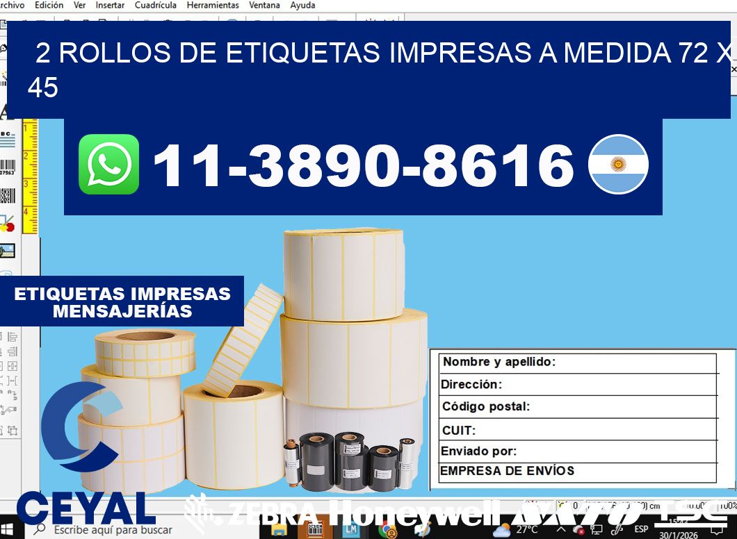 2 rollos de etiquetas impresas a medida 72 x 45