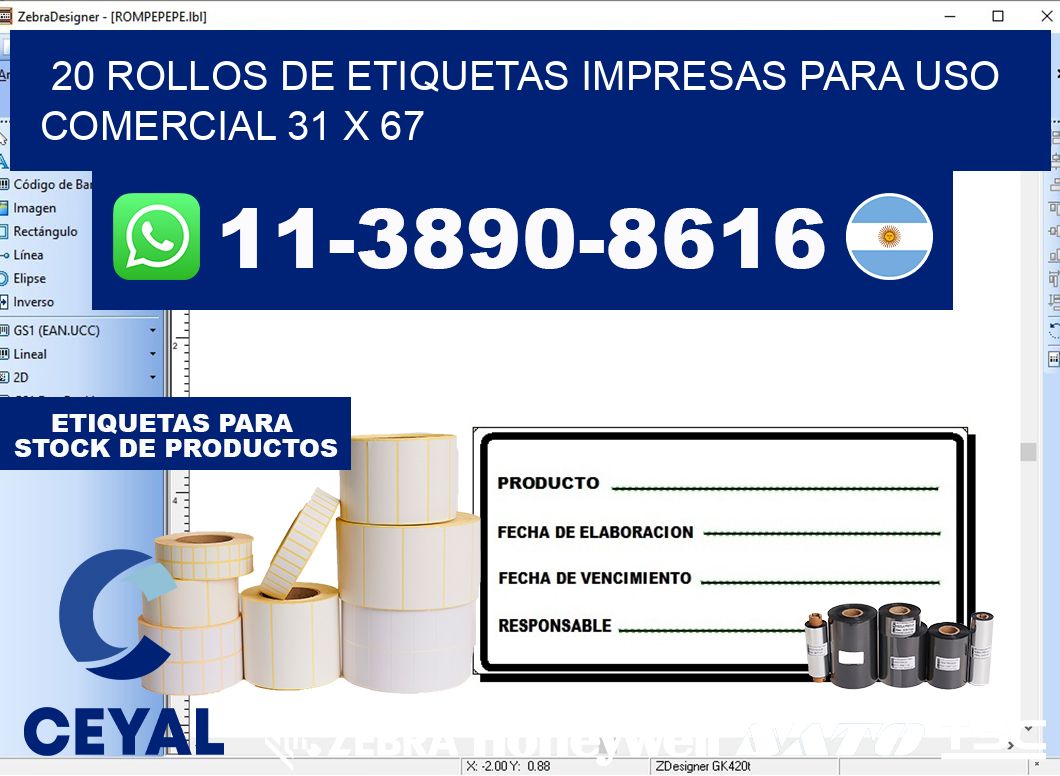 20 rollos de etiquetas impresas para uso comercial 31 x 67