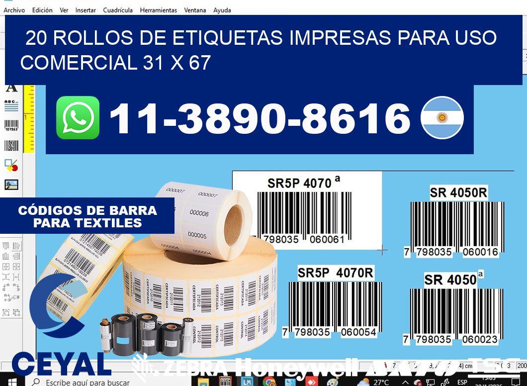 20 rollos de etiquetas impresas para uso comercial 31 x 67