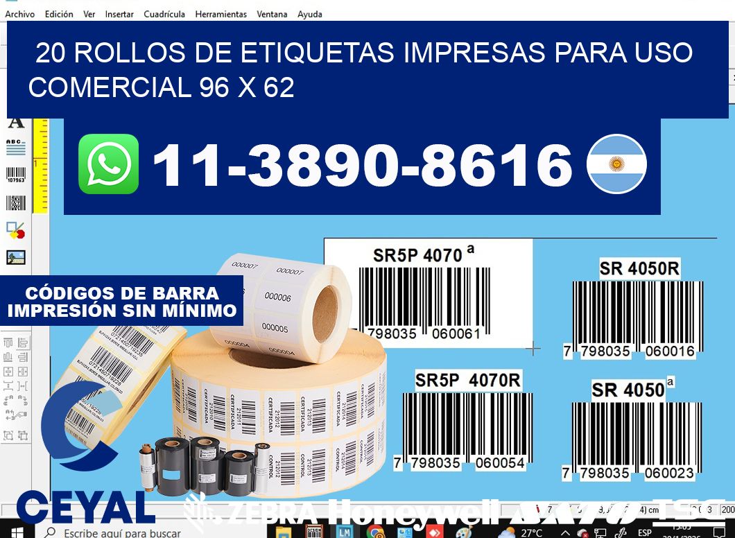 20 rollos de etiquetas impresas para uso comercial 96 x 62