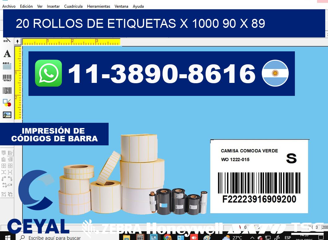 20 rollos de etiquetas x 1000 90 x 89