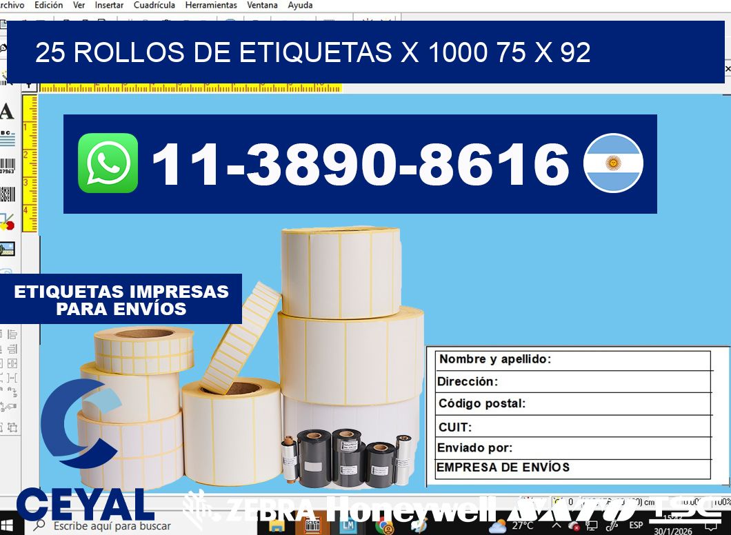25 rollos de etiquetas x 1000 75 x 92