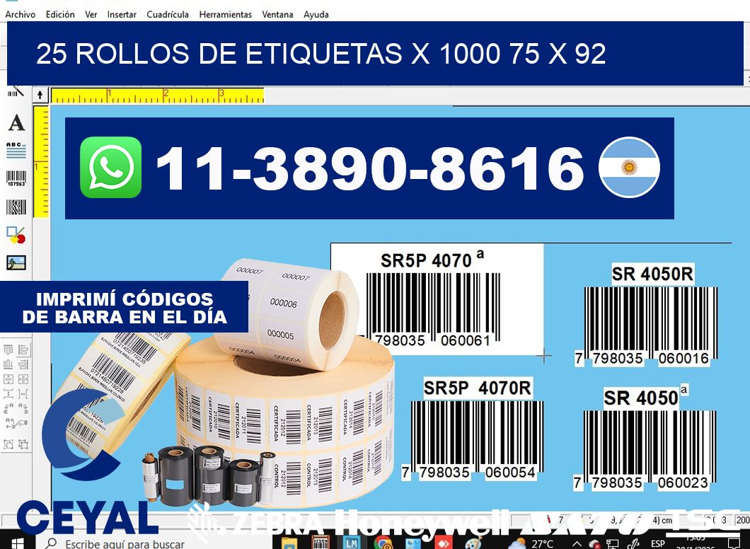 25 rollos de etiquetas x 1000 75 x 92