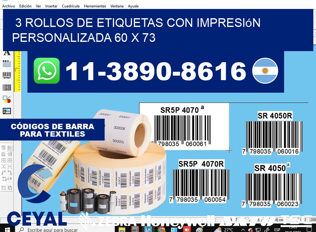 3 rollos de etiquetas con impresión personalizada 60 x 73