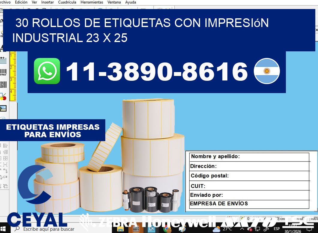 30 rollos de etiquetas con impresión industrial 23 x 25