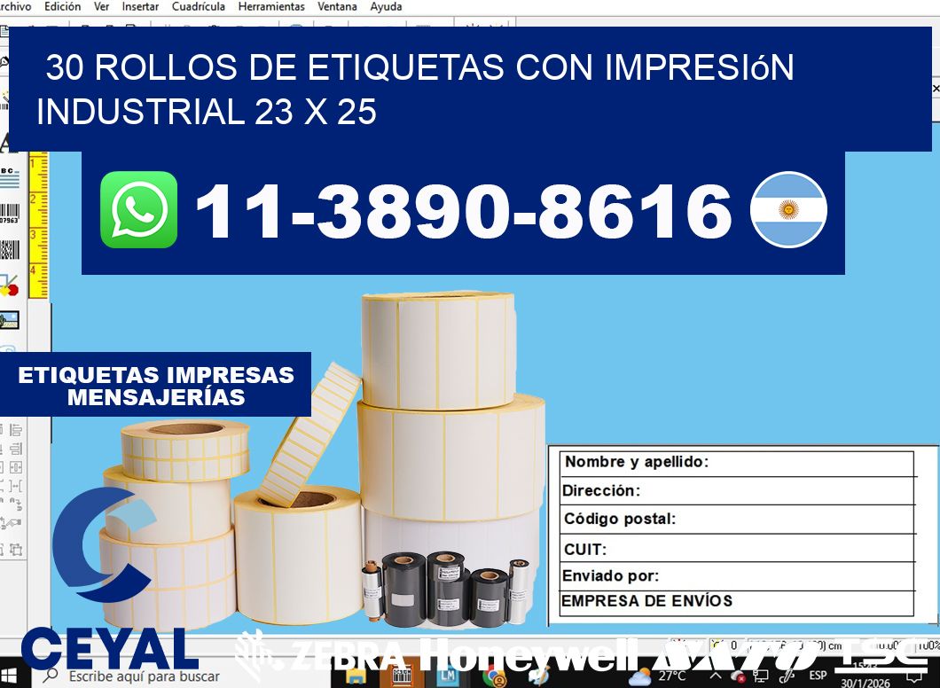 30 rollos de etiquetas con impresión industrial 23 x 25