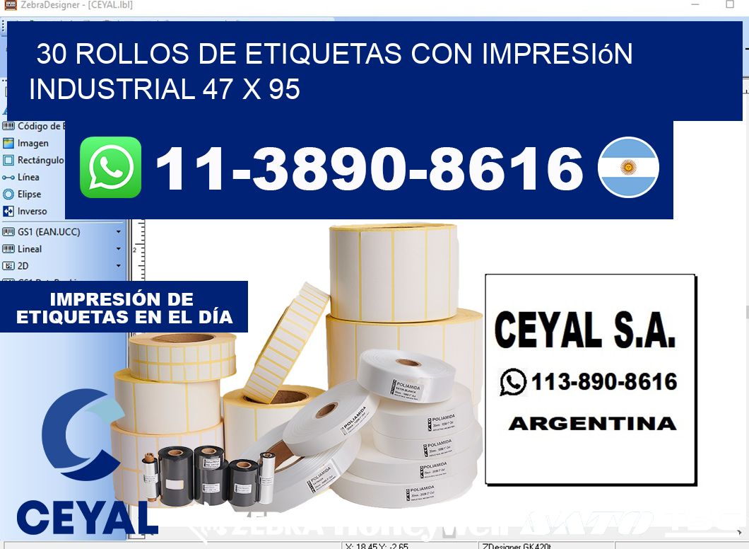 30 rollos de etiquetas con impresión industrial 47 x 95