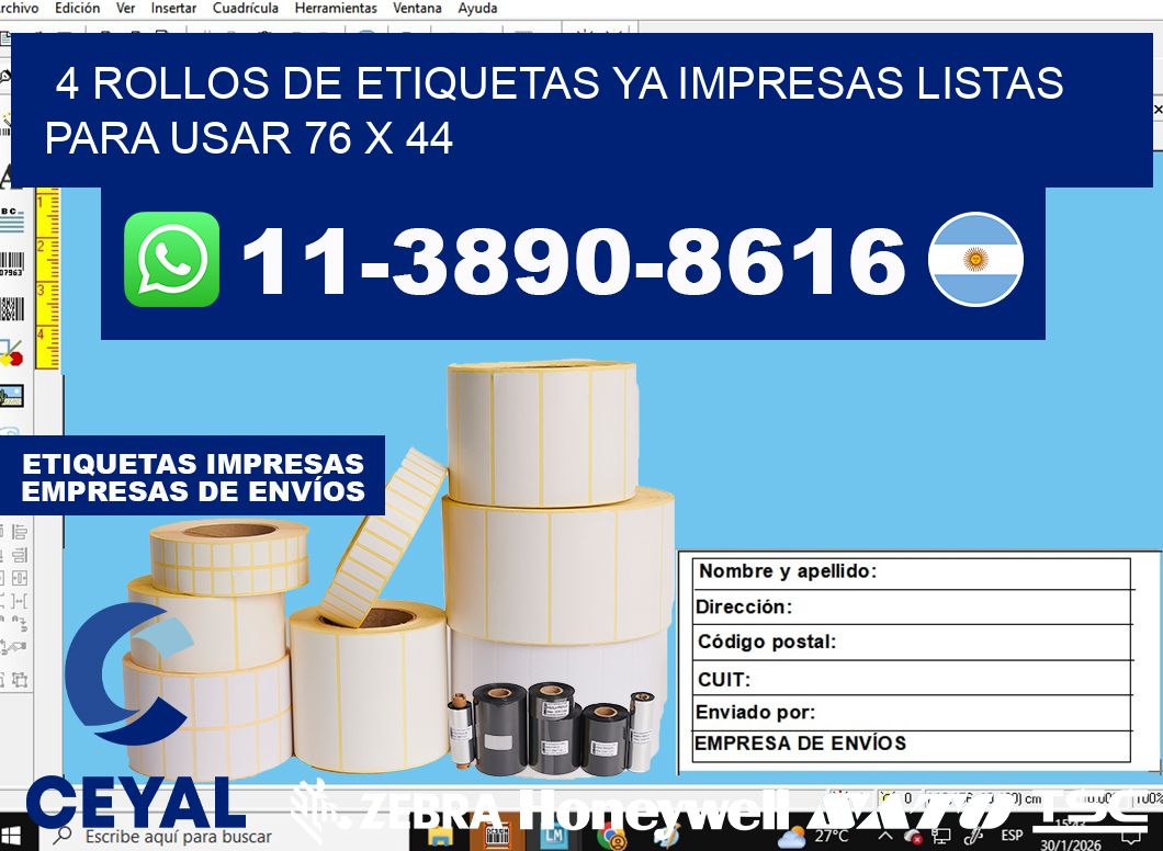 4 rollos de etiquetas ya impresas listas para usar 76 x 44
