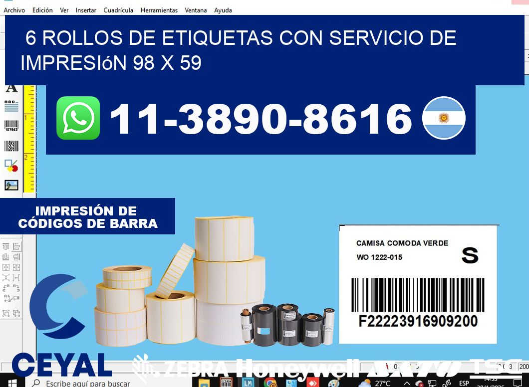 6 rollos de etiquetas con servicio de impresión 98 x 59