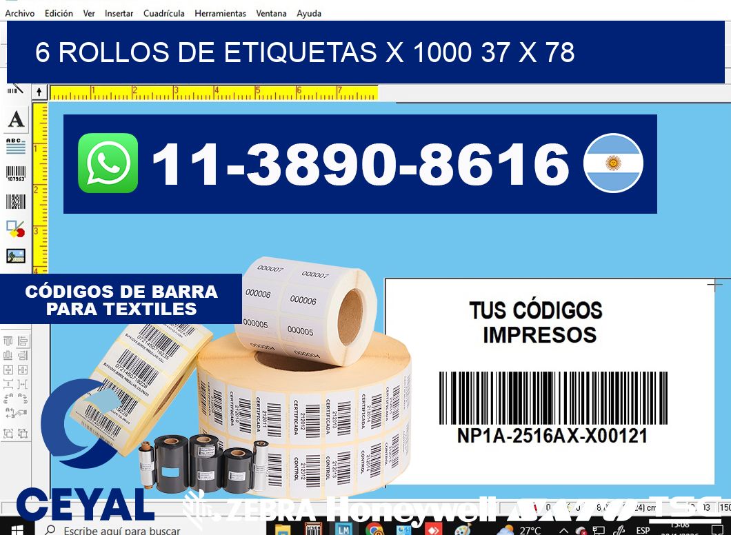 6 rollos de etiquetas x 1000 37 x 78